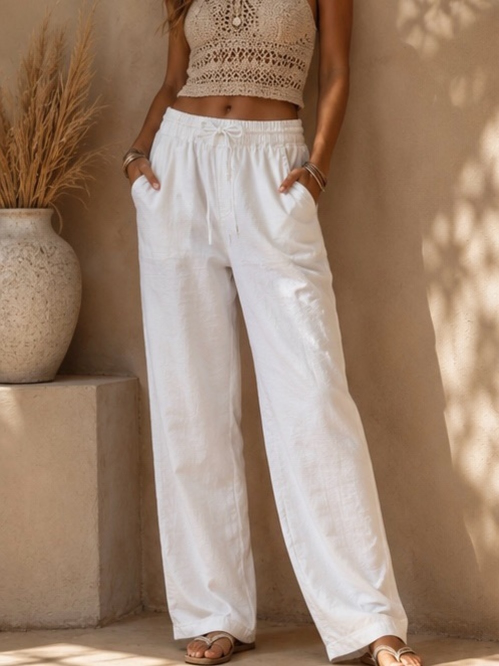 White Linen Blend Wide Leg Boho Pants | Coastal Minimal Lounge Trousers